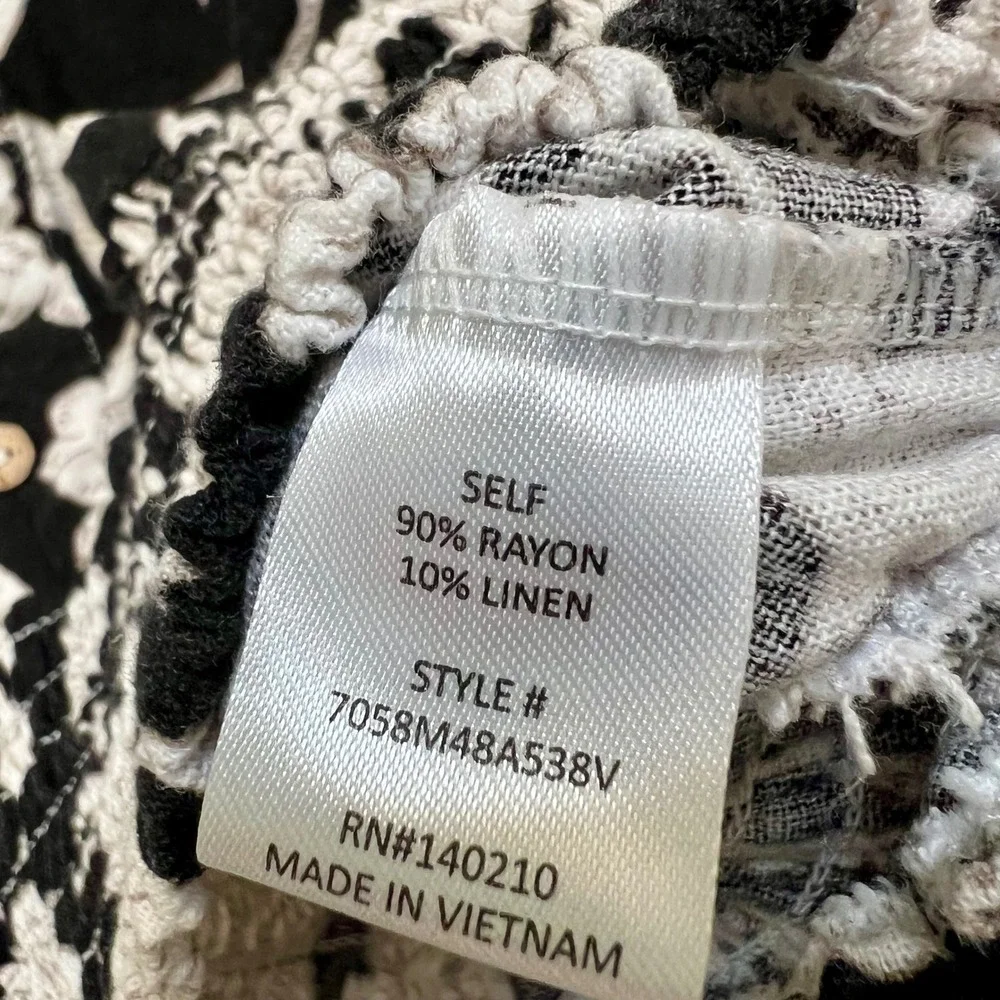 Joie De Vivre Womens XL Black White Floral Smocked Hem Linen Blend Blouse Top